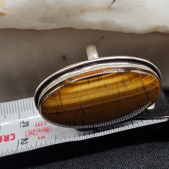 Natural Large Tiger Eye Cabochon Stone White Rhodium/Silver Artisan Ring - Picture 10 of 10